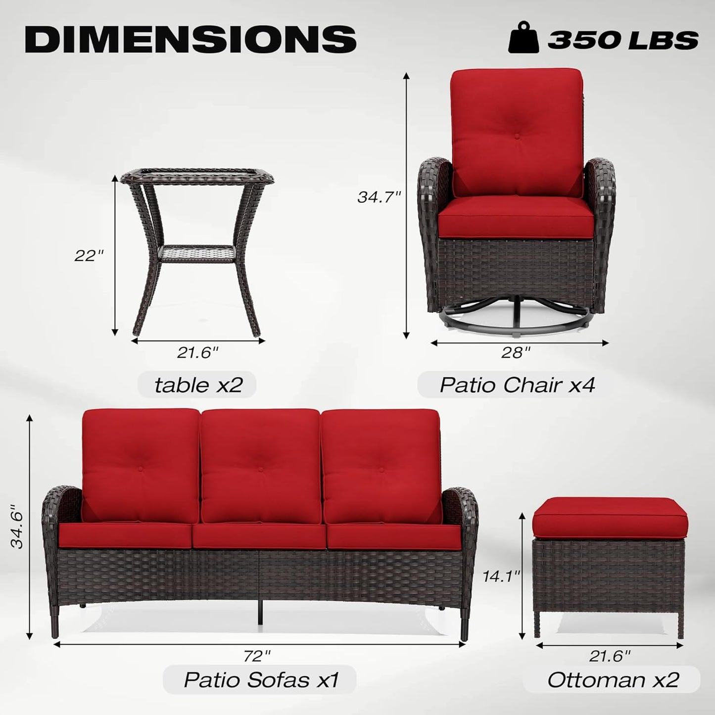 Joyside 9 Piece Patio Furniture Set, Outdoor Wicker Conversation Sets with Swivel Rocker Chairs and Sofa, Thick Cushion, Rattan Patio Sectional for Porch, Deck Use (Brown/Red, 9 PCS)