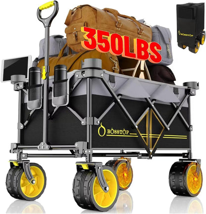 Collapsible Extended Wagon with Big All-Terrain Wheels 350LB& Oversized Outdoor Heavy Duty Utility Garden Cart Foldable Large Beach Wagon for Sand Fishing Camping Portable Grocery Pull Cart