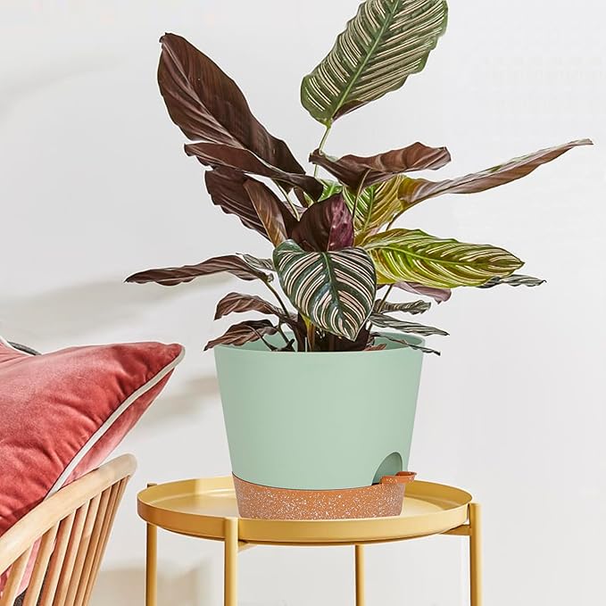 12inch Large Self Watering Plant Pot, Plastic Cylinder Planter with 60Oz Deep Reservoir and Saucer for Indoor Outdoor Plants Flowers Houseplants, Green with Brown