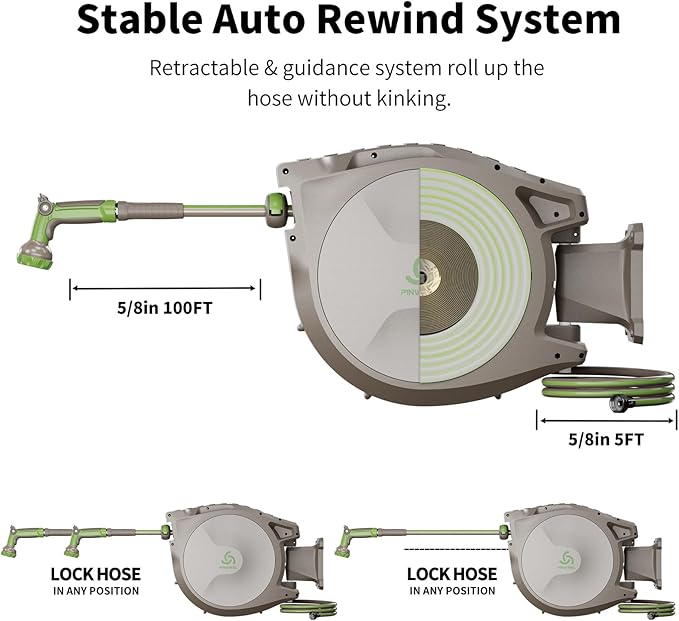 PINWHEEL 5/8in 100FT Retractable Garden Hose Reel, Automatic Retractable Hose with 10-Pattern Spray Nozzle, 180° Swivel Bracket, 3-Layer PVC Durable Water Hose for Yard Lawn Care (100 FT)