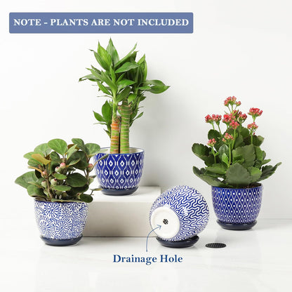Selamica Ceramic Succulent Pots with Drainage Holes, Small Flower Pots 3.5 Inch Plant Pots for Indoor Plants with Saucers, Cactus Succulent, Home Decor, Set of 4, Vintage Blue