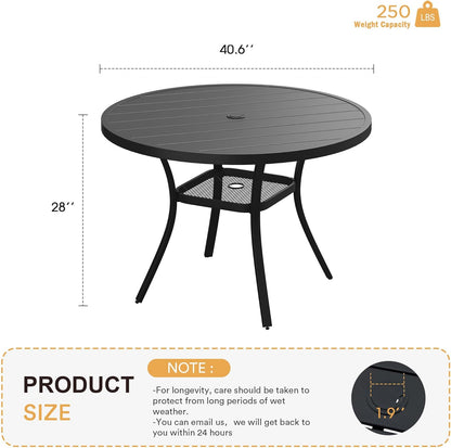 VICLLAX 41.2"x 28" Outdoor Round Patio Table for Lawn Garden, All Weather Metal Round Patio Dining Table with Adjustable Umbrella Hole, Patio Table for 4 Person, Black Tabletop