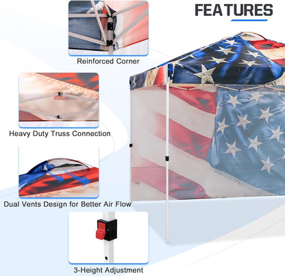 EAGLE PEAK Pop Up Canopy Tent with 1 Sidewall, Easy Setup Event Tent, Outdoor Sun Shade, Wheeled Carry Bag, Stakes and Guy Ropes, Instant Canopy 10x10, Stars and Stripes