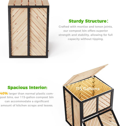 115 Gallon Solid Wood Composter, Outdoor Compost Bin with Pull-Out Door and Flip-Top Lid, Heavy Duty Composting Bin for Outside Backyard, Garden, Patio, Natural