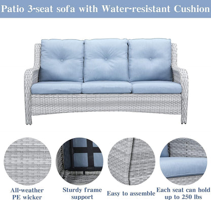 Wicker Patio Furniture Sets - 8 Piece Outdoor Rattan Furniture Conversation Sets with 4 Swivel Rocker Chairs, Rattan Sofa, Wicker Ottomans and Coffee Table, Light Grey/Baby Blue