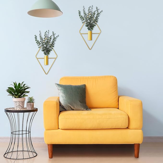 Jexine Hanging Planters with Artificial Eucalyptus Metal Hanging Vase Indoor Plants Holder Modern Geometric Boho Bathroom Wall Decor for Living Room Home Office(Gold,4 Pcs)