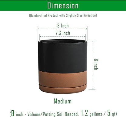 D'vine Dev Set of 2 Plants Pots, 8 Inch Ceramic Planter Pot for Plants with Drainage Hole and Saucer, Black/Speckled Tan, 94-V-D-7