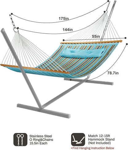12 FT Double Quilted Fabric Hammock with Spreader Bars and Pillow 450 LBS Weight Capacity 2 Person Hammock for Outdoor Patio Backyard Poolside