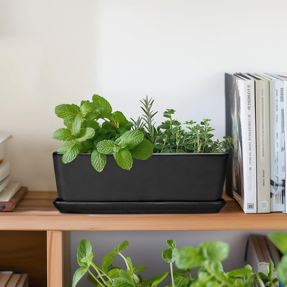 SQOWL Rectangle Planter - 10 Inch Ceramic Plant Pots with Drainage Hole and Saucer, Rectangular Succulent Planters for Indoor Plants, Flower Cactus Herb Pots Outdoor, Room Decor, Garden Gifts, Black