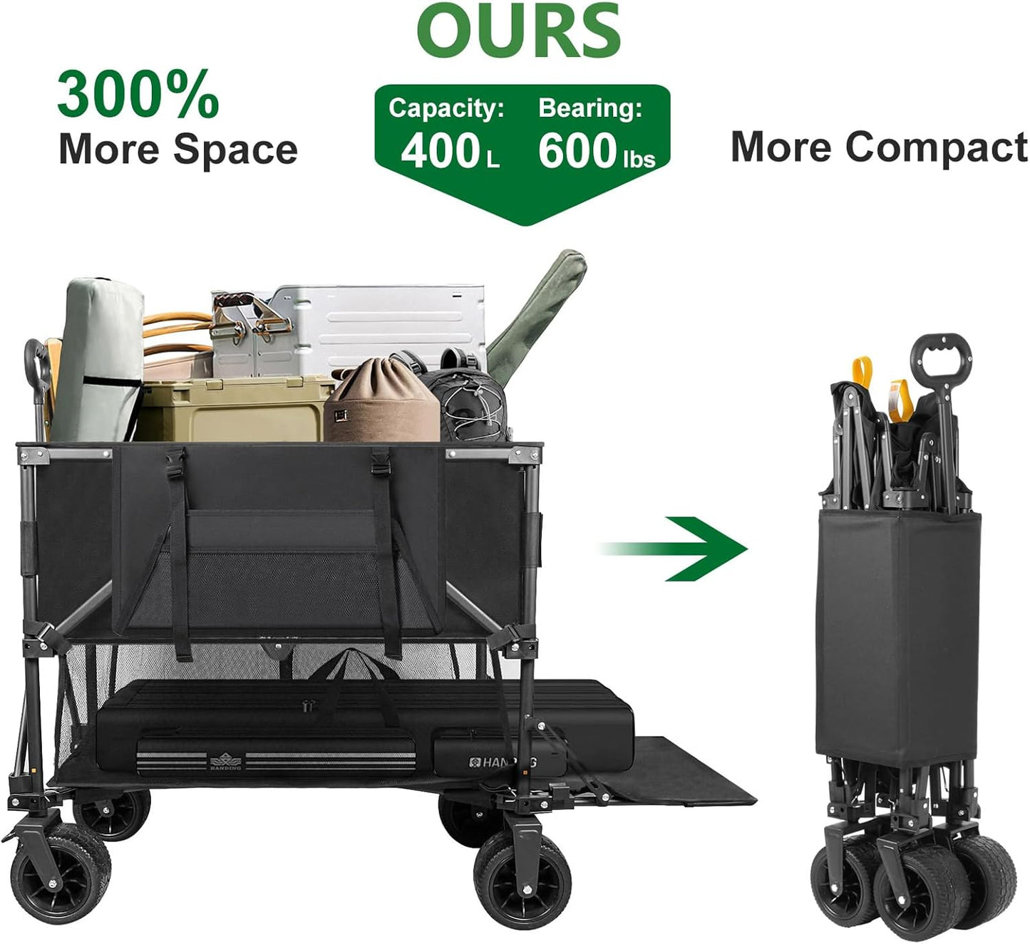 Double Decker Wagon 600lb Capacity & 400L Collapsible Sports Wagon with Big Wheels 54" Extended Utility Folding Cart for Camping Fishing & Outdoor Use