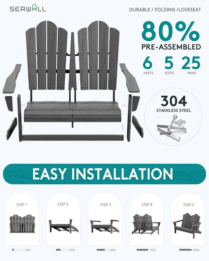 SERWALL 2 Person Adirondack Loveseat, HDPE All-Weather Folding Adirondack Bench Chair, Outdoor Adirondack Chair Set of 4, Grey