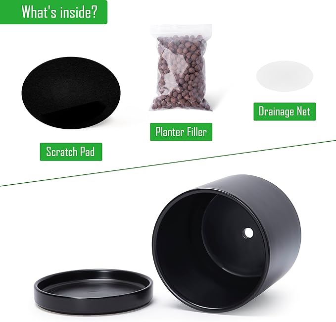 D'vine Dev Set of 2 Plants Pots, 8.2 Inch Ceramic Planter Pot for Plants with Drainage Hole and Saucer, Black, 94-V-D-2