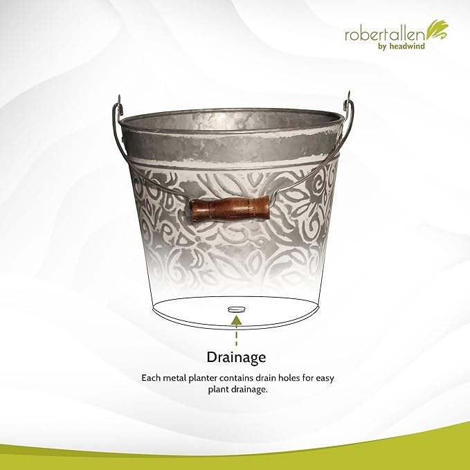 Headwind Vintage Collection - Floral Galvanized Planter with Handles – 12 Inch Flower Pots Decorative Plant Indoor – Plant Pots Indoor with Drainage by Robert Allen
