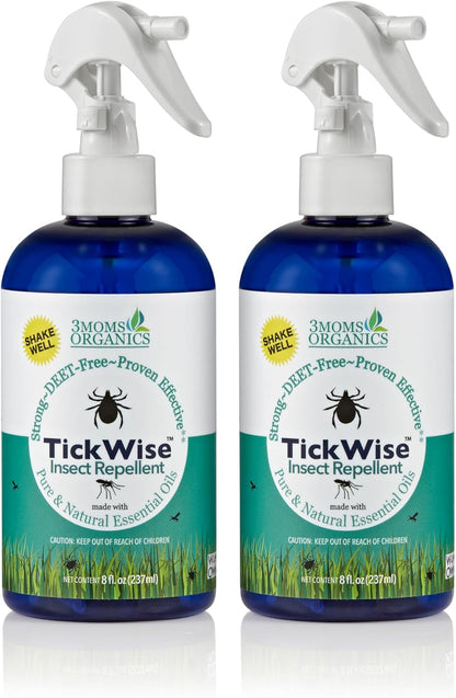 3 Moms Organics, TickWise 8oz Extra Strength Double Whammy 2-Pack - DEET- Free, Tick and Insect Repellent, Plant Based Essential Oils, All Natural Ingredients, Safe for Kids, Adults, Dogs & Horses
