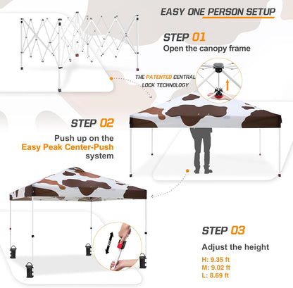 EAGLE PEAK Pop Up Canopy Tent with Wheeled Carry Bag, 8 Stakes, 4 Ropes, 4 Weight Bags, Easy Set Up Tent Canopy, 10x10 ft, 100sqft of Shade, Brown Cow Print