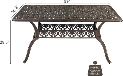 Outvita 59inch Patio Dinning Table, Outdoor Cast Aluminum Large Rectangle Table with Umbrella Hole and Antique Design for Backyard Pool Balcony Deck