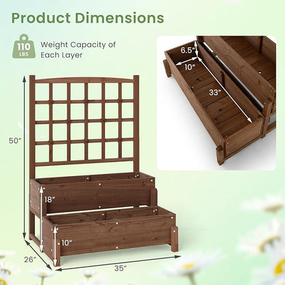 HAPPYGRILL Raised Garden Bed with Trellis, Drainage Holes, 2-Tier Wooden Elevated Planter Box w/Legs for Climbing Plants Vine Flower Herb Vegetable Fruit, Outdoor Garden Box for Patio Balcony