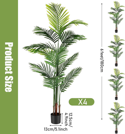 Jexine 4 Pack Artificial Palm Trees 6Ft, Fake Plants Fake Trees Artificial Areca Palm Plants for Outdoor Indoor Faux Tree in Pot for Pool Home Decor Office Housewarming Gift Modern Decoration