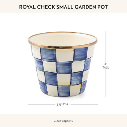 MACKENZIE-CHILDS Enamel Garden Pot, Decorative Pot for Plants, Outdoor Flowerpot Decor, Small, Blue-and-White Royal Check