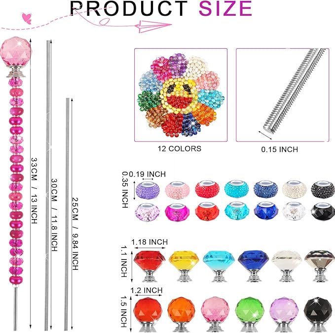 300 Pcs Garden Stakes Diy Fairy Wand Garden Stakes Kit, Colorful Large Hole Bead Crystal Diamond Stopper Top 12 Stainless Steel Threaded Rod Beaded Fairy Wands Supplies For Outdoor Beadable Decorative