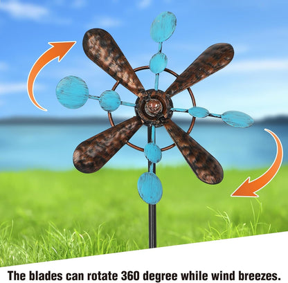 3 Pack Wind Spinners with Metal Stake, 16.3 Inches Yard Garden Sculptures for Outdoor Spring Decoration Lawn Patio Wind Catcher Windmill (Blue spot)