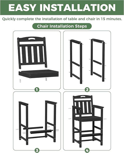 HDPE Outdoor Patio Tall Adirondack Bar Chairs Set of 2, All-Weather Bar Height Balcony Adirondack Stools for Bistro, Garden, Backyard, Pool, Deck | Matte Black