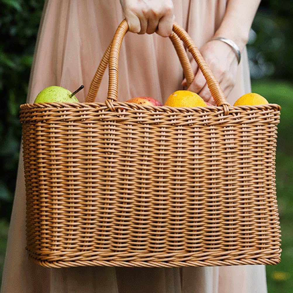 Alipis Decorative Woven Basket with Handle, Brown Plastic Rattan Flower Arrangement Basket for Storage, Picnic, Home Decor, Fruits, Vegetables, Camping, Weddings