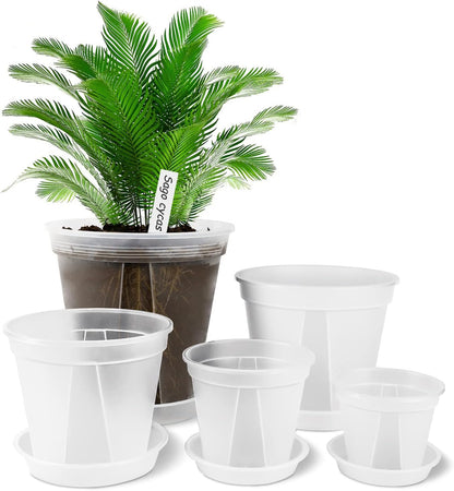 GREENPARA Transparent Plastic Garden Pots Planter with Saucer 4/5 /6/7 /8 inch Plant Pot Nursery Pots Drainage Hole for House Plants, Herb, Flowers, and Cactus with 10pcs Plant Labels, 5-Set