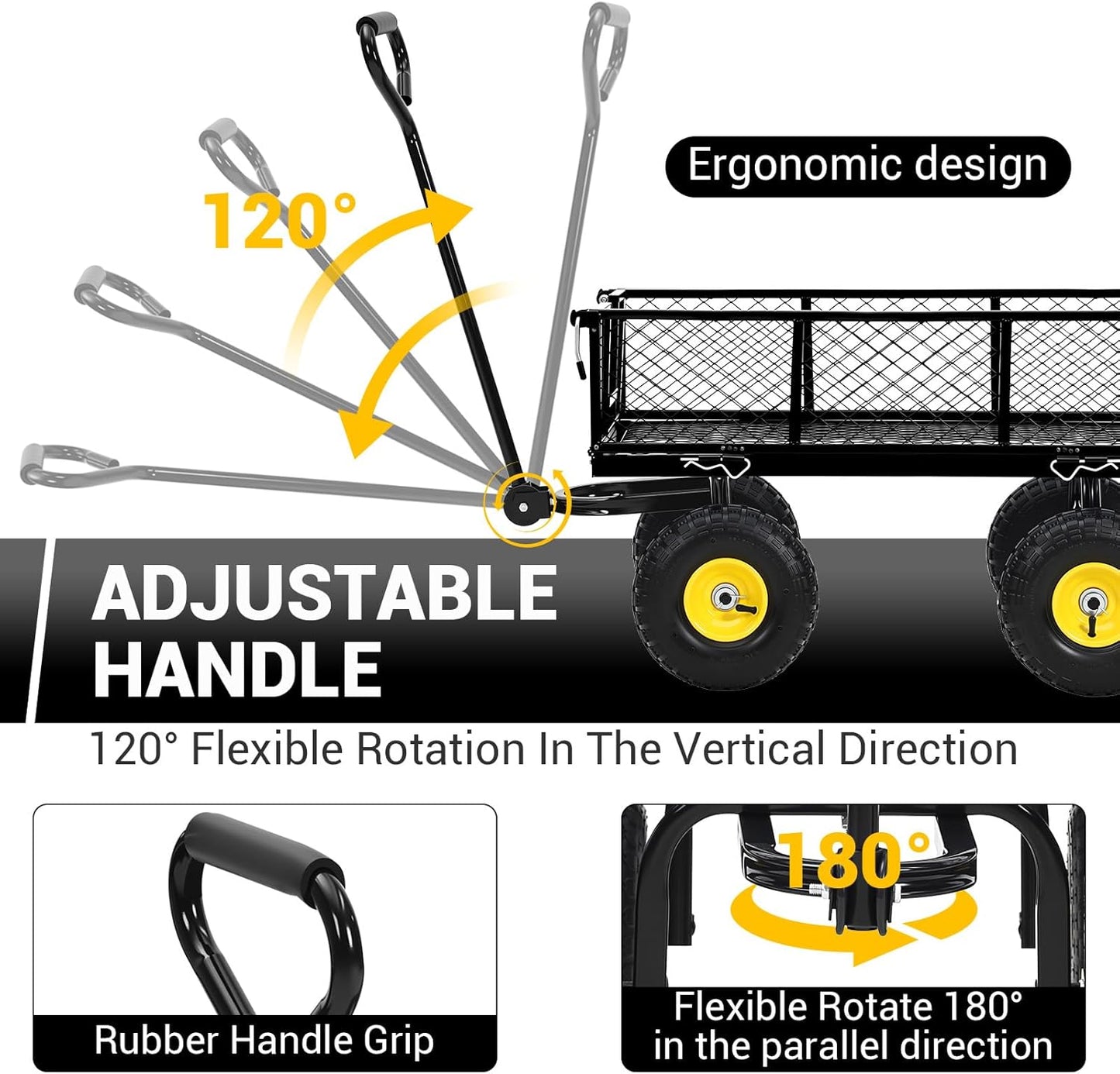 Steel Garden Cart, 550 LBS Heavy Duty Metal Garden Wagon with 10" Wheels, Metal Push Wagon with 180° Rotating Handle and Removable Sides for Farm, Yard