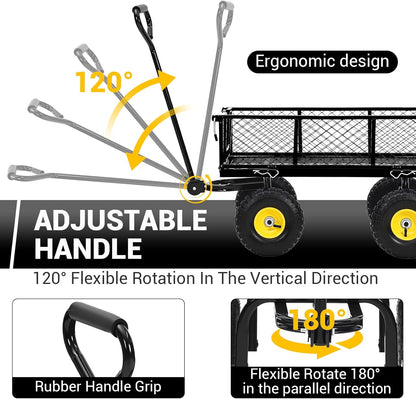 Heavy Duty Steel Garden Cart, 550LBS Pullable Metal Garden Wagon with 10" Wheels, 180° Rotating Handle and Removable Sides for Outdoor, Farm, Yard, Beach ﻿