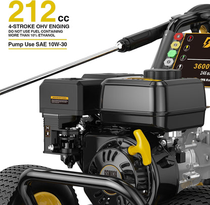 BLUBERY 3600 PSI Gas Pressure Washer, 2.7 GPM Heavy Duty High Power Washer, 30Ft Pressure Hose&Soap Tank,5 Pressure Nozzles,Black