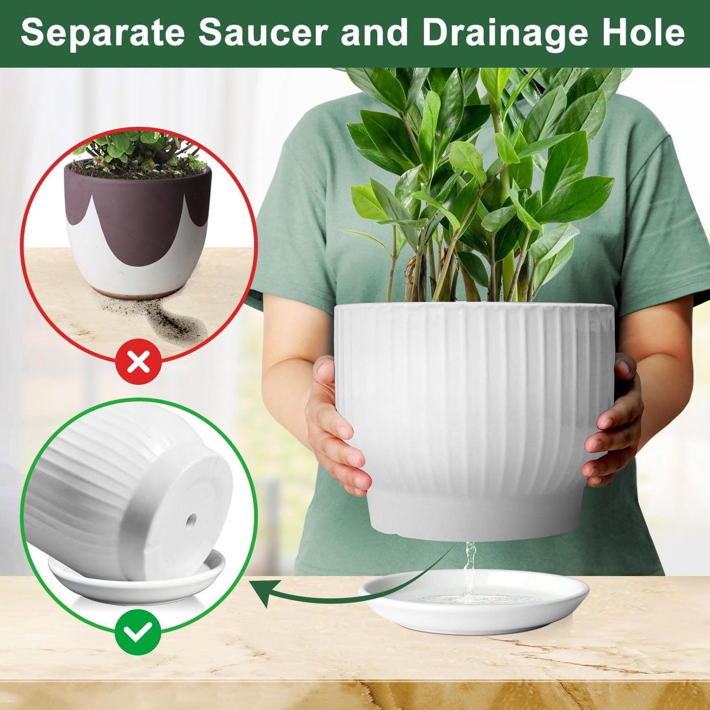 8 Inch Plant Pot,Ceramic Planter with Drainage and Saucer,Ceramic Pots for Plants,Indoor Plant pots,Ceramic Flower pots(Pure White, Plants NOT Included)
