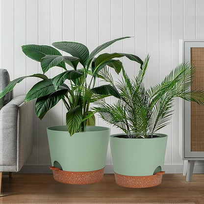 12inch Large Self Watering Plant Pot, Plastic Cylinder Planter with 60Oz Deep Reservoir and Saucer for Indoor Outdoor Plants Flowers Houseplants, Green with Brown
