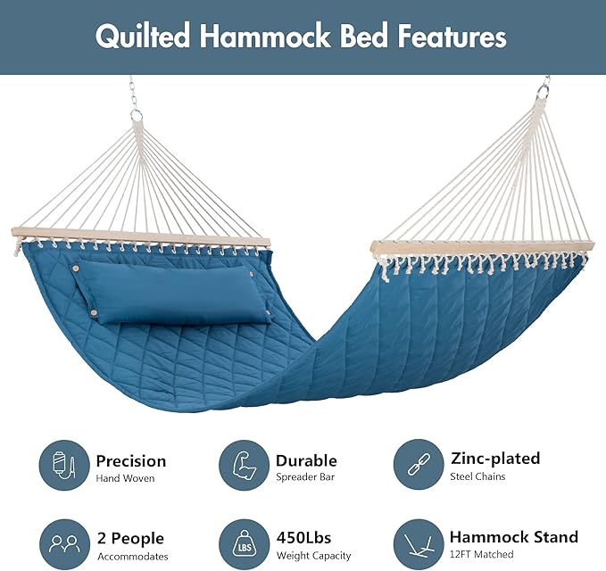 ANOW Quilted Hammock with Spreader Bars and Detachable Pillow, Large Hammock for Outdoors Indoors, 450 LBS Weight Capacity, Blue