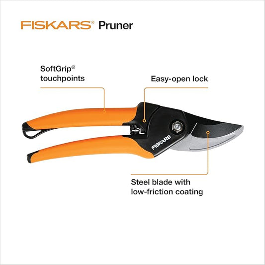 Fiskars Bypass Pruning Shears, 5/8-Inch Cut Capacity SoftGrip Hand Pruner for Small Hands, Blade Stays Sharp Through Heavy Use with Rust Resistant, Low-Friction Coating