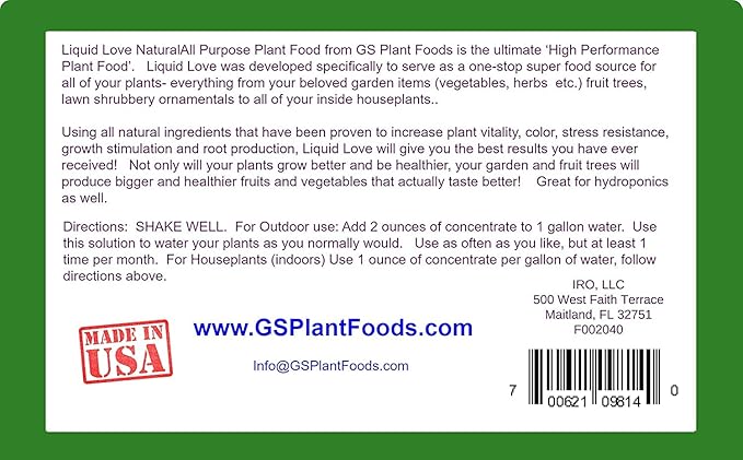 Liquid Love Plant Food by GS Plant Foods- All Purpose Plant Fertilizer (1 Gallon) - Liquid Fertilizer for Herb Gardens, House Plants, Vegetables, Fruit Trees, Lawns & Shrubs