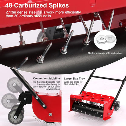 18.5 inch Push Spike Aerator, Lawn Aerator Tool with Side skids,Aerator with Two Height Adjustable Wheel,Rolling Aerator Suitable for Lawn, Garden and Yard