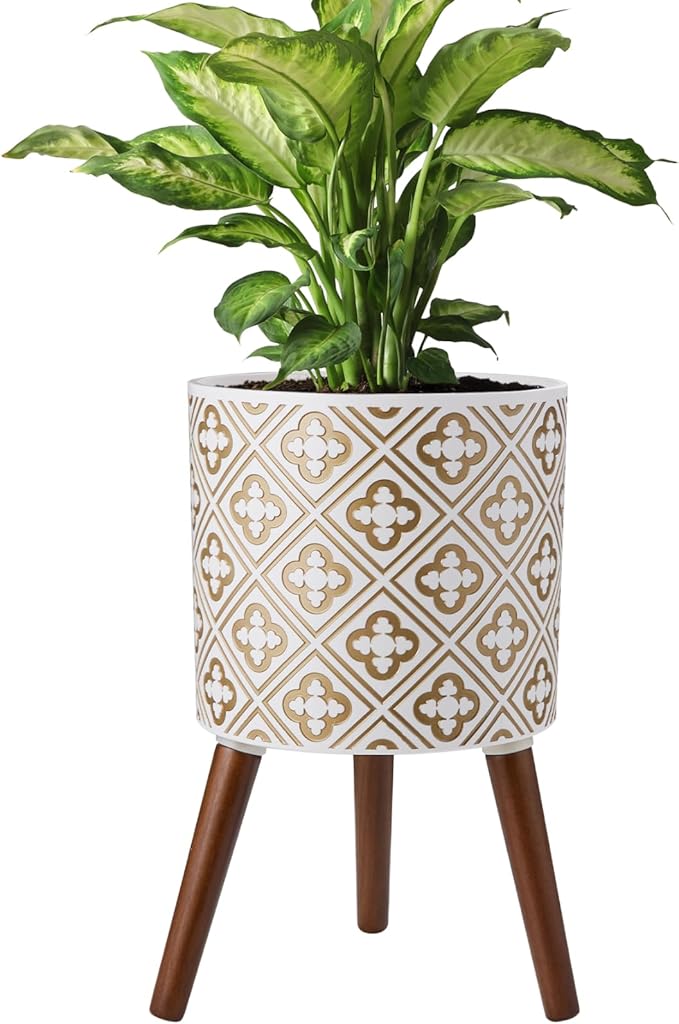 naclto 12 Inch Planter Pot with Stand,Plant Pot for Indoor Plants,Large Modern Flower Pots Indoor Outdoor with Drainage for Home Garden Patio, White and Gold