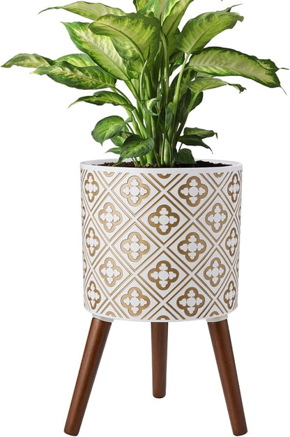 naclto 12 Inch Planter Pot with Stand,Plant Pot for Indoor Plants,Large Modern Flower Pots Indoor Outdoor with Drainage for Home Garden Patio, White and Gold