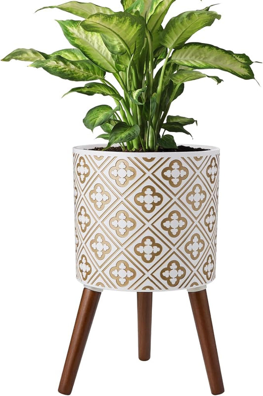 naclto 12 Inch Planter Pot with Stand,Plant Pot for Indoor Plants,Large Modern Flower Pots Indoor Outdoor with Drainage for Home Garden Patio, White and Gold