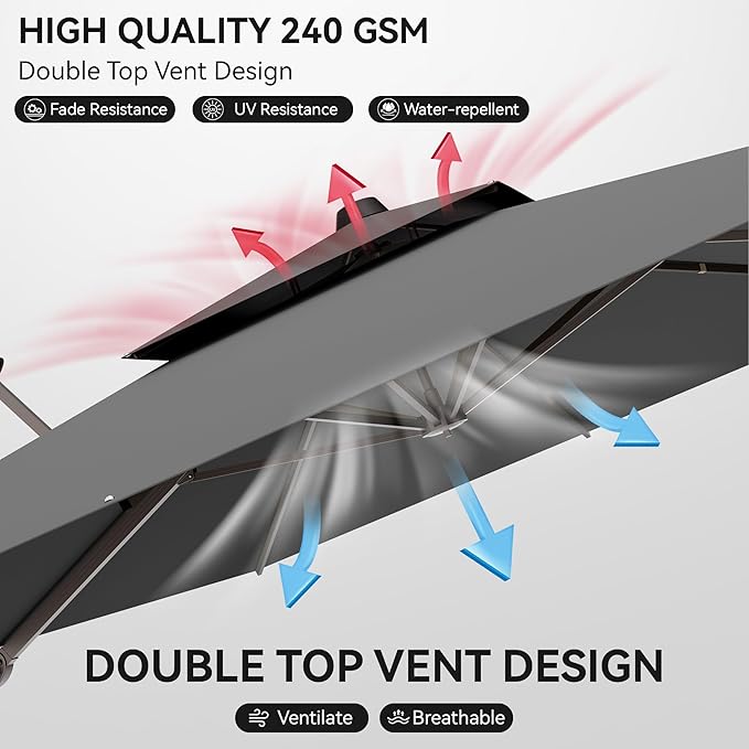 9x12 FT Patio Umbrella with base, Large Cantilever Rectangular Double Top Heavy Duty Offset Umbrellas with 360° Rotation, Outdoor shade for Garden Deck Pool, Gray
