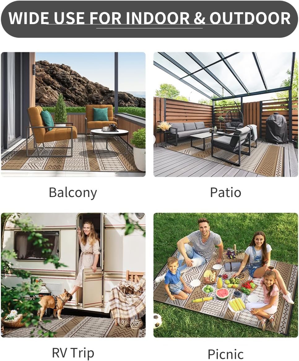 Outdoor Rug Carpet Waterproof 8x10 ft Patio Rug Mat Indoor Outdoor Area Rug for RV Camping Picnic Reversible Lightweight Plastic Straw Outside Rug for Patio Decor Decoration Boho Rug Brown Beige