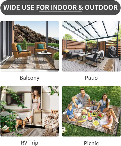 Outdoor Rug Carpet Waterproof 8x10 ft Patio Rug Mat Indoor Outdoor Area Rug for RV Camping Picnic Reversible Lightweight Plastic Straw Outside Rug for Patio Decor Decoration Boho Rug Brown Beige