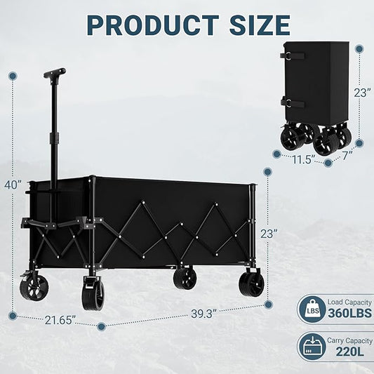 Favoyard Extra Large Collapsible Wagon Carts Foldable 220L & 360LBS Folding Wagons w/All-Terrain Wheels & Brakes Portable Utility Shopping Cart for Beach Grocery Sports Garden Camping Outdoor, Black