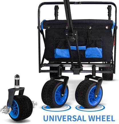 TMZ All Terrain Wide Wheel Utility Folding Wagon, Collapsible Garden Cart, Heavy Duty Beach Wagon Trolley with Adjustable Push Handle and Brake, 90 L Storage, Load of 120KG(Black/Blue)