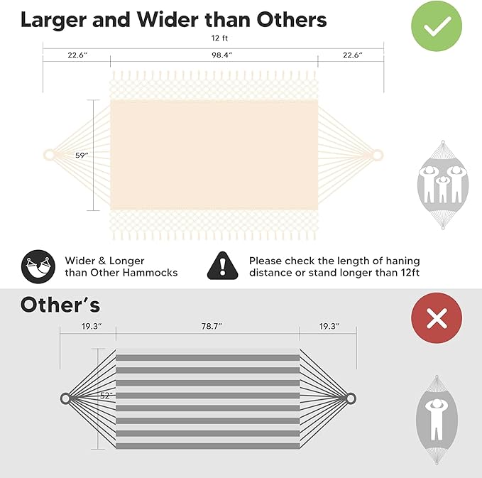 SUNCREAT Portable Camping Hammock for Outside, Heavy Duty 2 Person Hammock Bed for Tree, Beige with Tassels