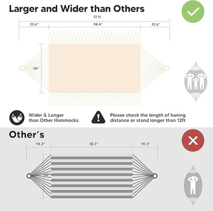 SUNCREAT Portable Camping Hammock for Outside, Heavy Duty 2 Person Hammock Bed for Tree, Beige with Tassels