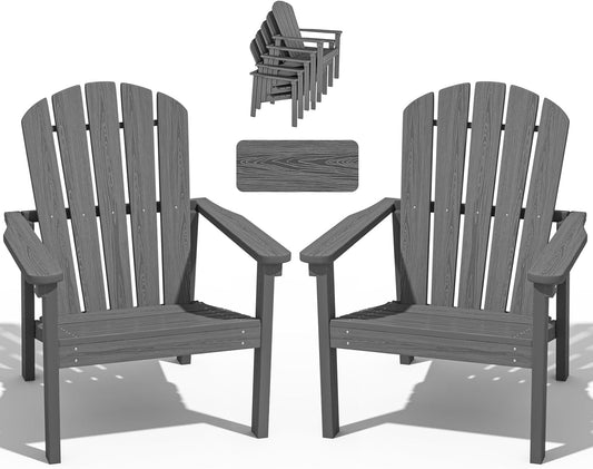 Stackable Adirondack Chair Set of 2, HDPE Outdoor Patio Chair - Durable and Space Saving, Suitable for Porches, Lawns or Garden, Grey