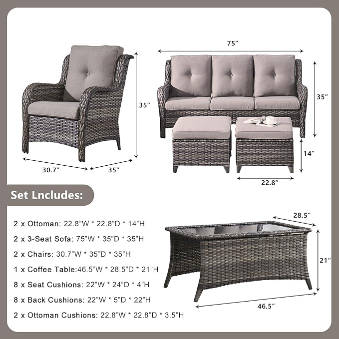 Rilyson Wicker Patio Furniture Sofa Set - 7 Piece Rattan Outdoor Patio Sectional Conversation Sets with 2 Sofa,2 Armrest Chairs,1 Coffee Table and 2 Ottomans for Porch Deck Garden(Mixed Grey/Grey)