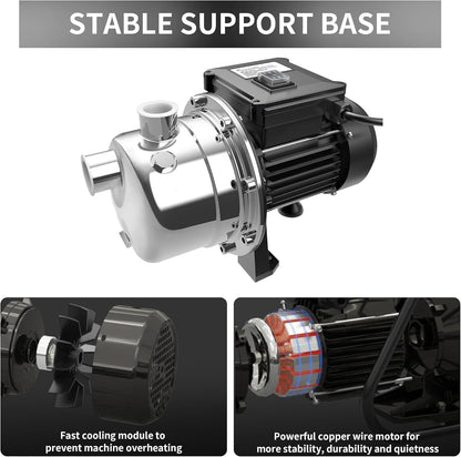 LANCHEZ 1/2 HP Shallow Well Garden Pump, Portable Stainless Steel Water Transfer Draining Irrigation Pump for Lawn Fountain, 960 GPH, 125 Feet Height